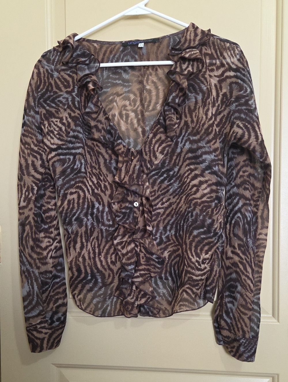 Emanuel Ungaro Fever Brown and Tan Animal Print Ruffle V-Neck Blouse
